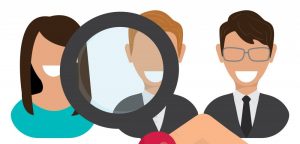Cartoon rendering of three people with a magnifying glass over them.