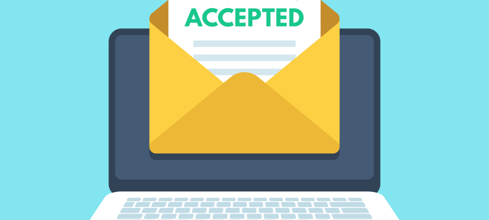 Cartoon rendering of an accepted college application inside an envelope in front of a laptop.