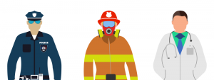 Cartoon rendering of a police officer, firefighter, and doctor.