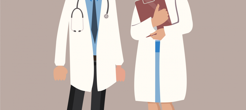 Cartoon rendering of a man and woman doctor.