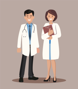 Cartoon rendering of a man and woman doctor.