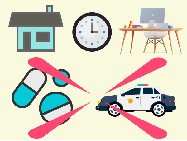 A house, clock, and desk next to pills and a police car crossed out by a red X.