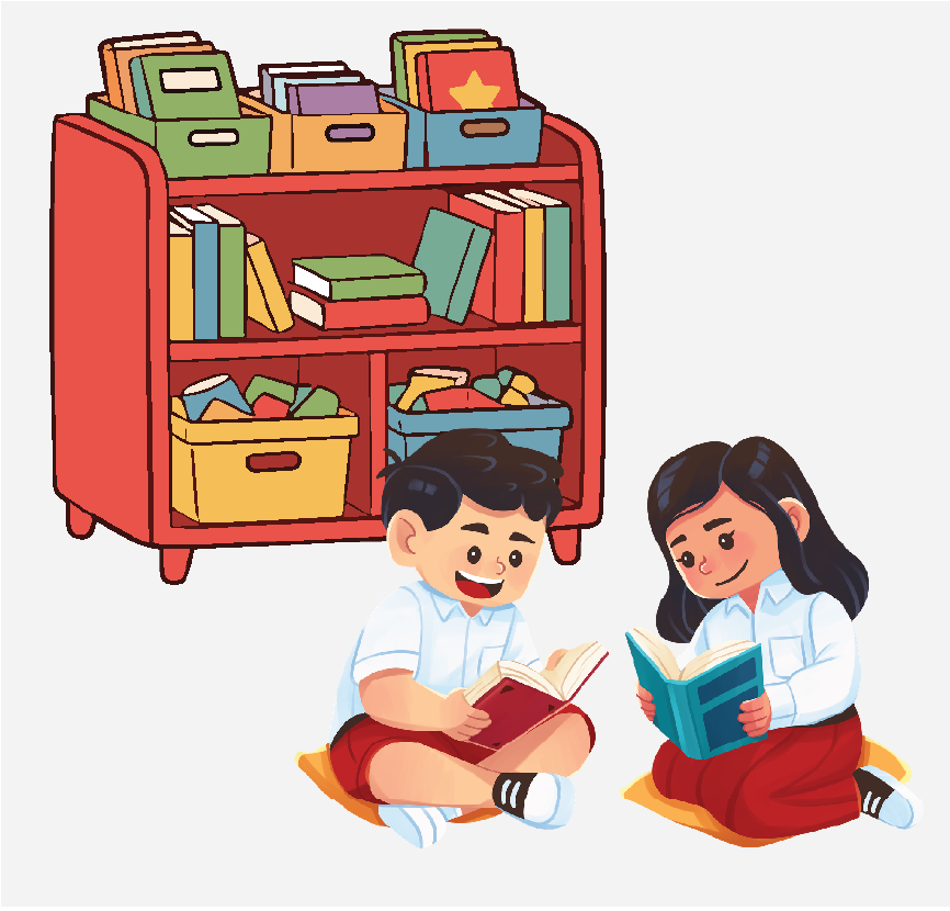 Two children sitting on the ground and reading books. There is a bookshelf behind them.
