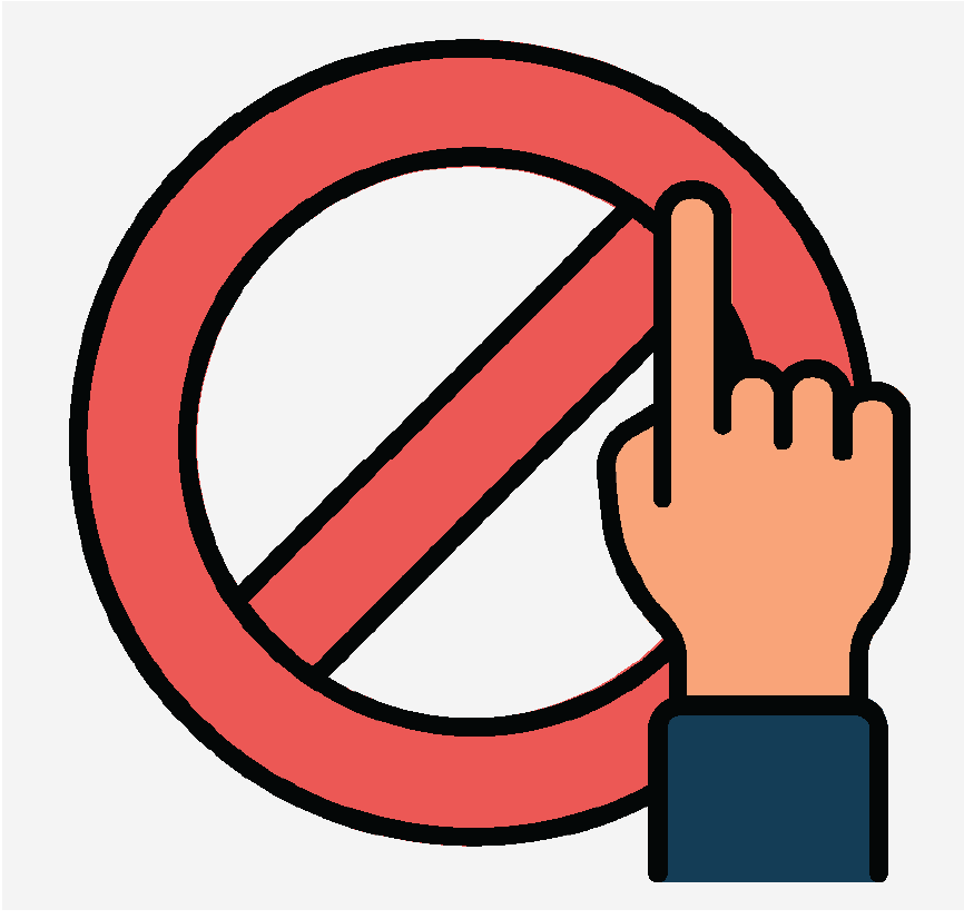 A red circle with a line through it and a pointed finger next to it to represent 