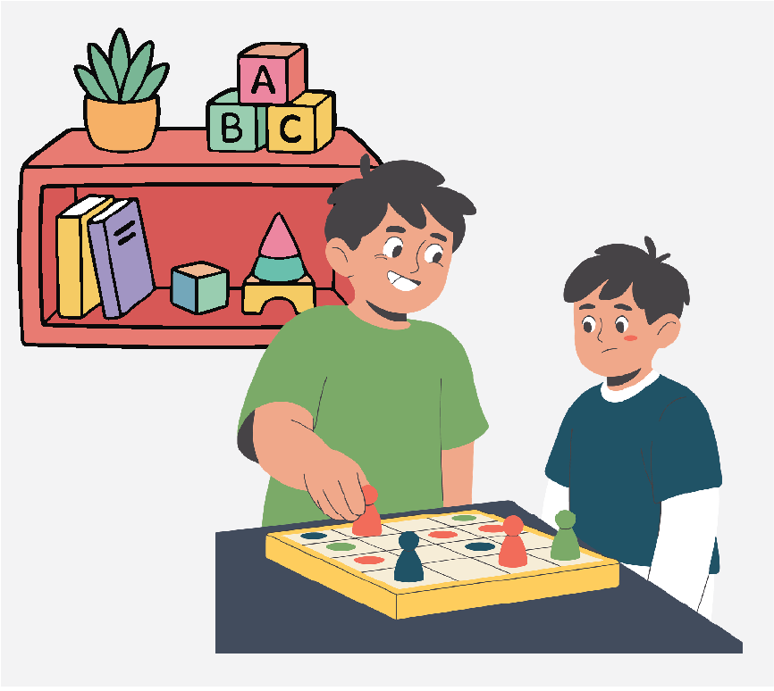 Two boys playing a board game together. There is a shelf behind them.