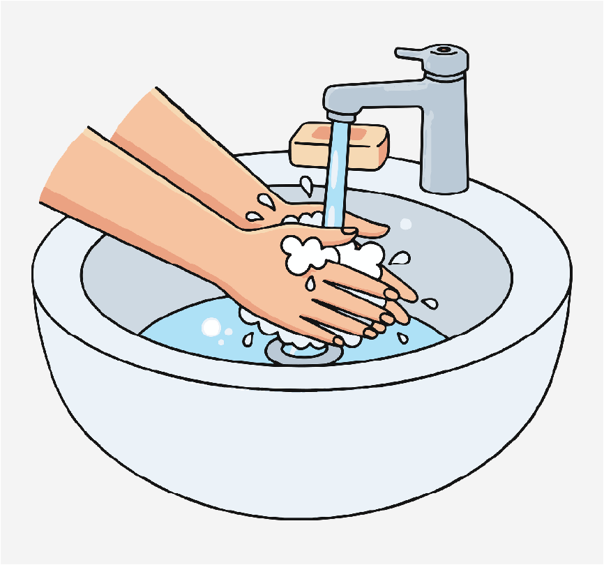 Two hands with soap on them under running water in a sink.
