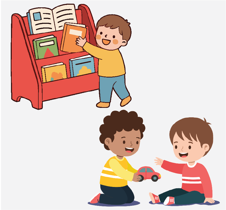 Two boys playing with a toy car, while another boy puts a book back on a shelf behind them.