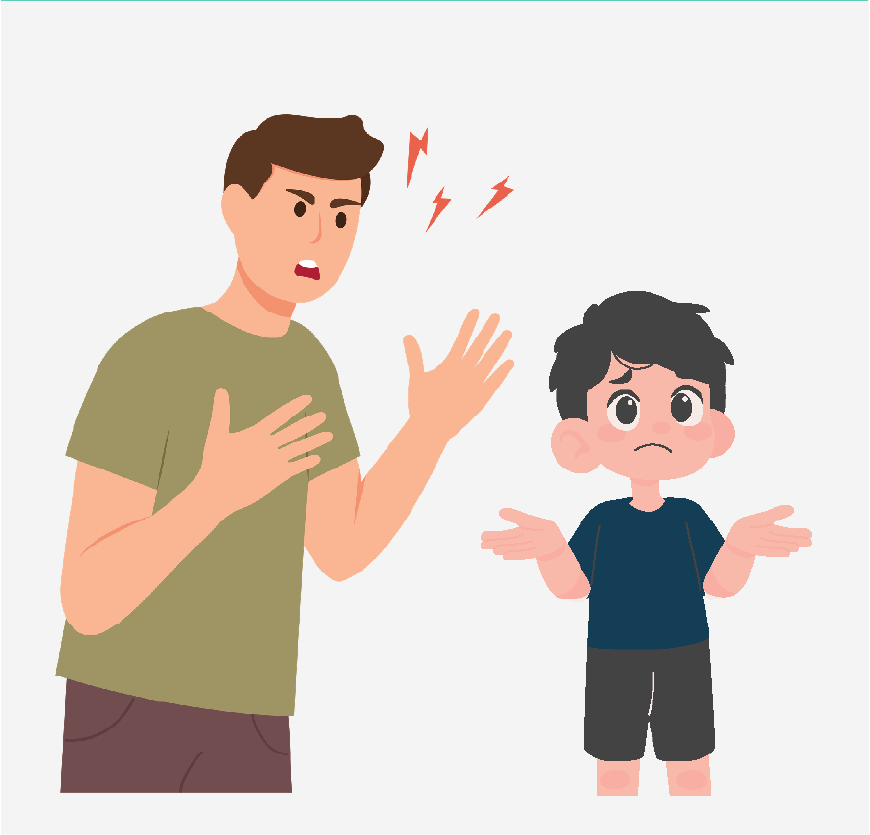 A man yelling at a confused, young boy. The man’s hands are in the air, and there are lightning bolts around his face to show he’s angry.