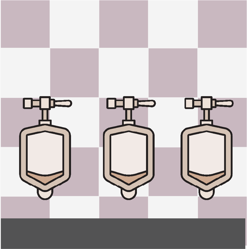 A bathroom with checkered walls and three urinals.