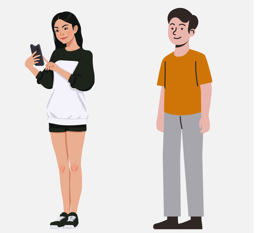 The girl on the left is looking at her cell phone while a boy to the right is looking at her.