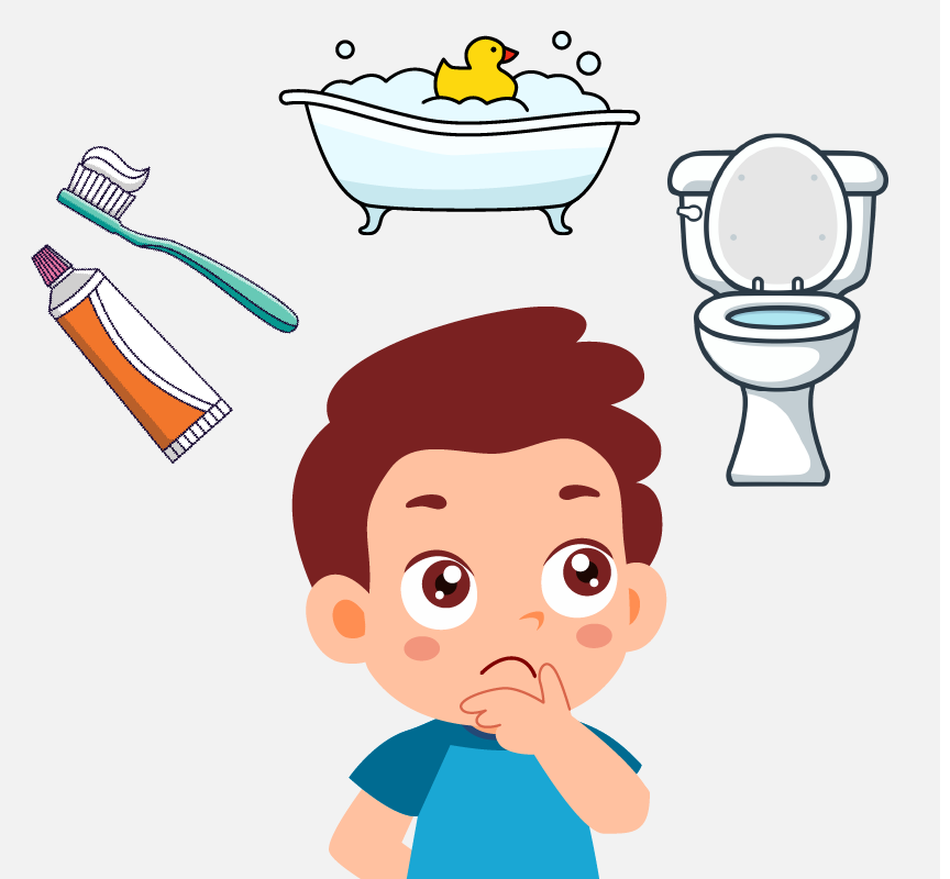 A boy thinking about brushing his teeth, using the toilet, and bathing in a tub.