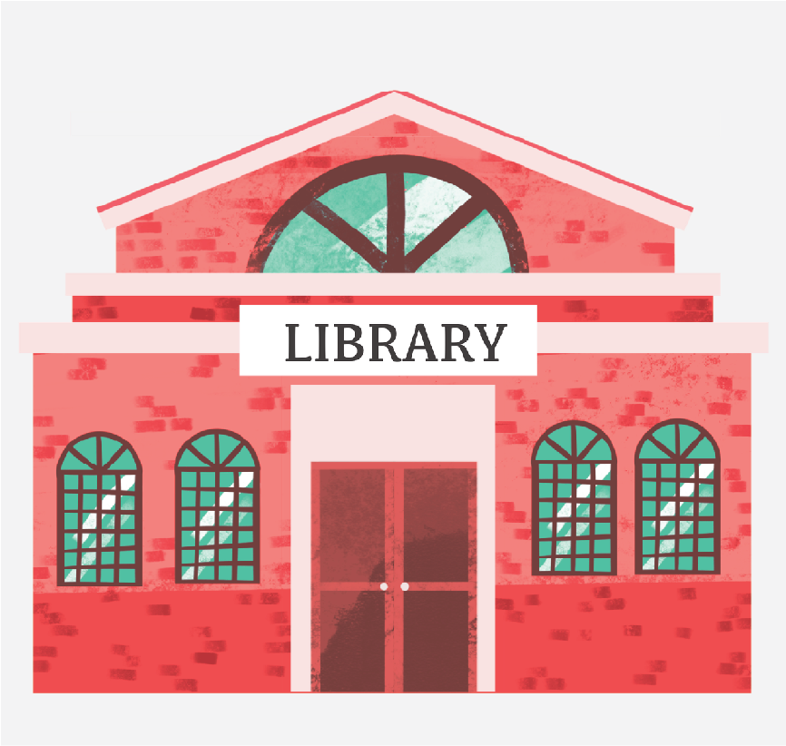 A red library building.