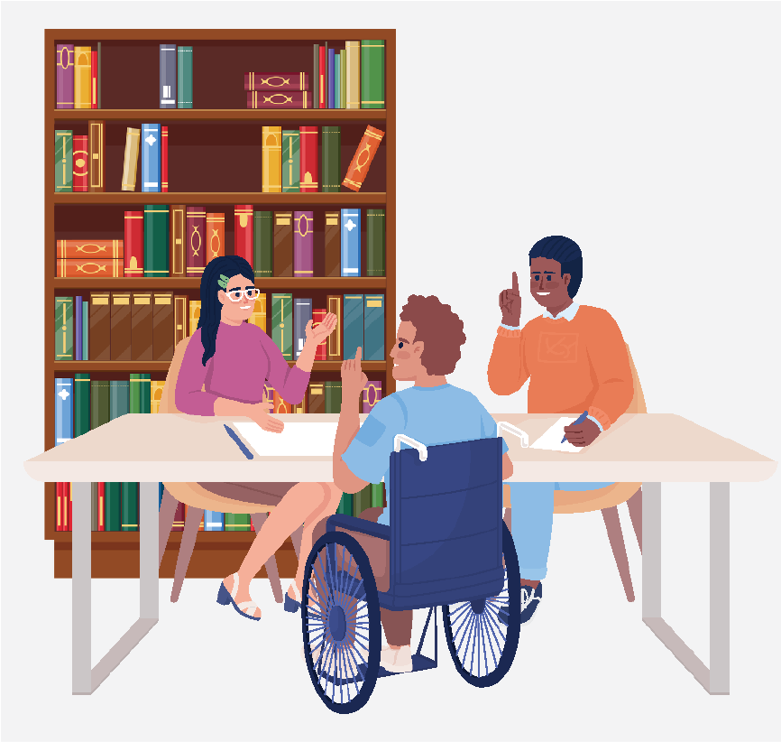 Three people sitting at a table at a library.