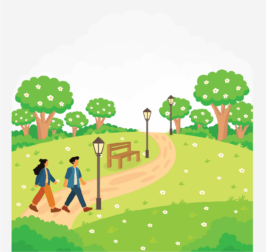 Two people walking on a path in a park.
