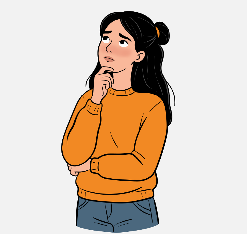 A woman thinking with her hand on her chin.