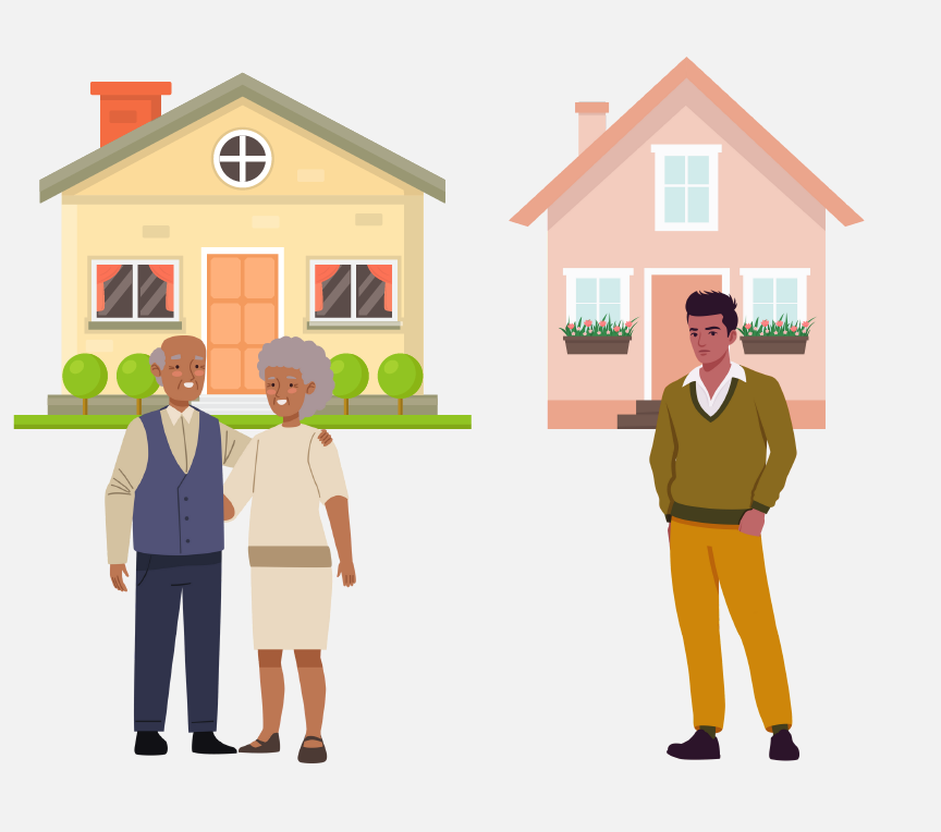 An older couple standing in front of a yellow house and a man standing in front of a pink house.