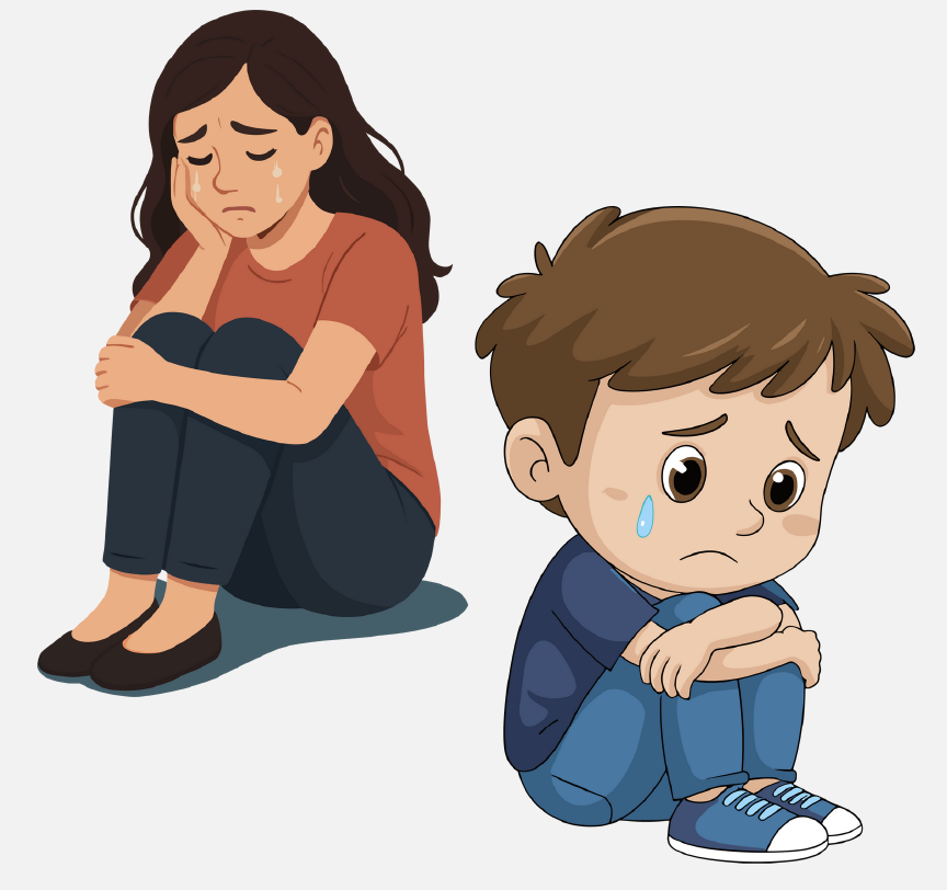 A woman crying with her knees to her chest and her hand on her chin. There is also a young boy crying and hugging his knees to his chest.