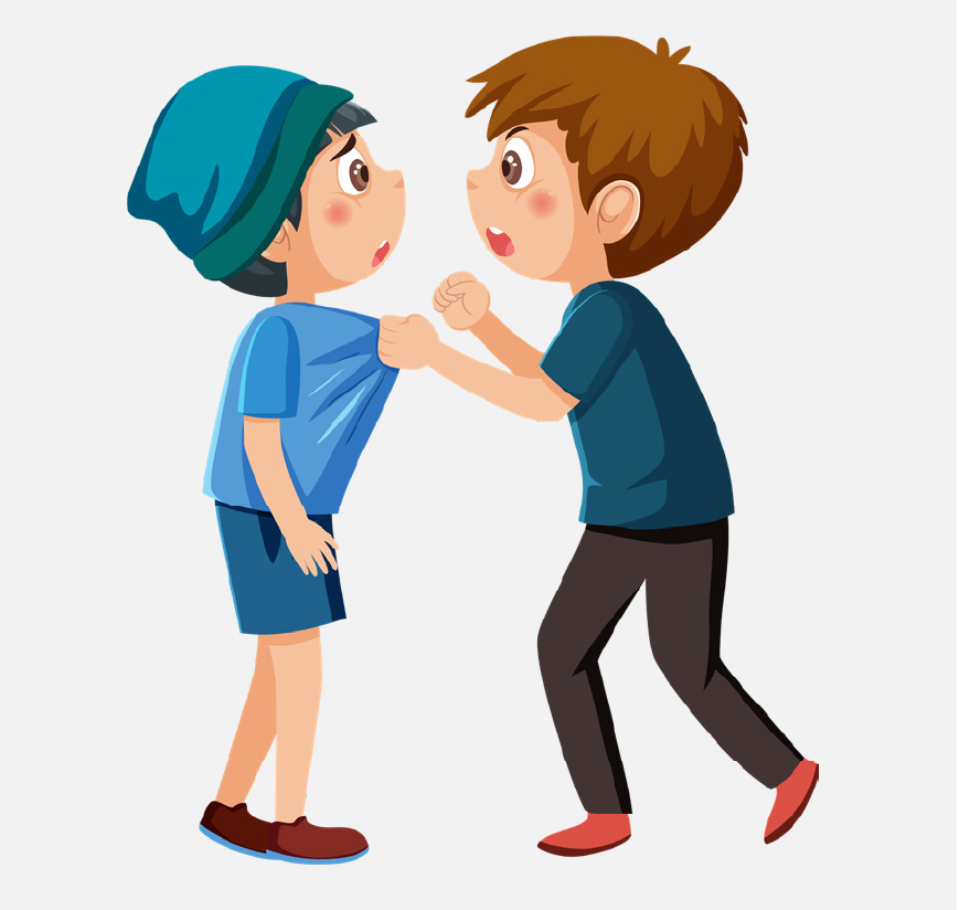 A boy pulling another boy's shirt.