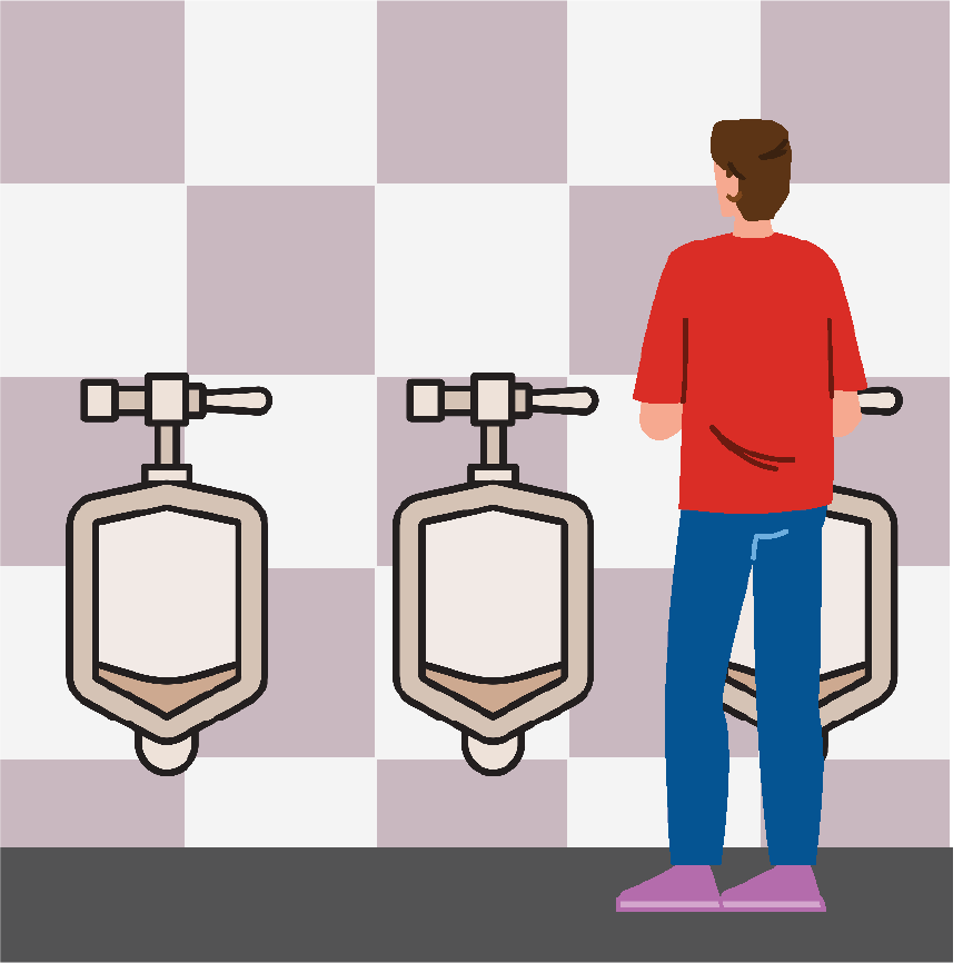 A bathroom with three urinals and a man standing in front of the urinal on the right side.