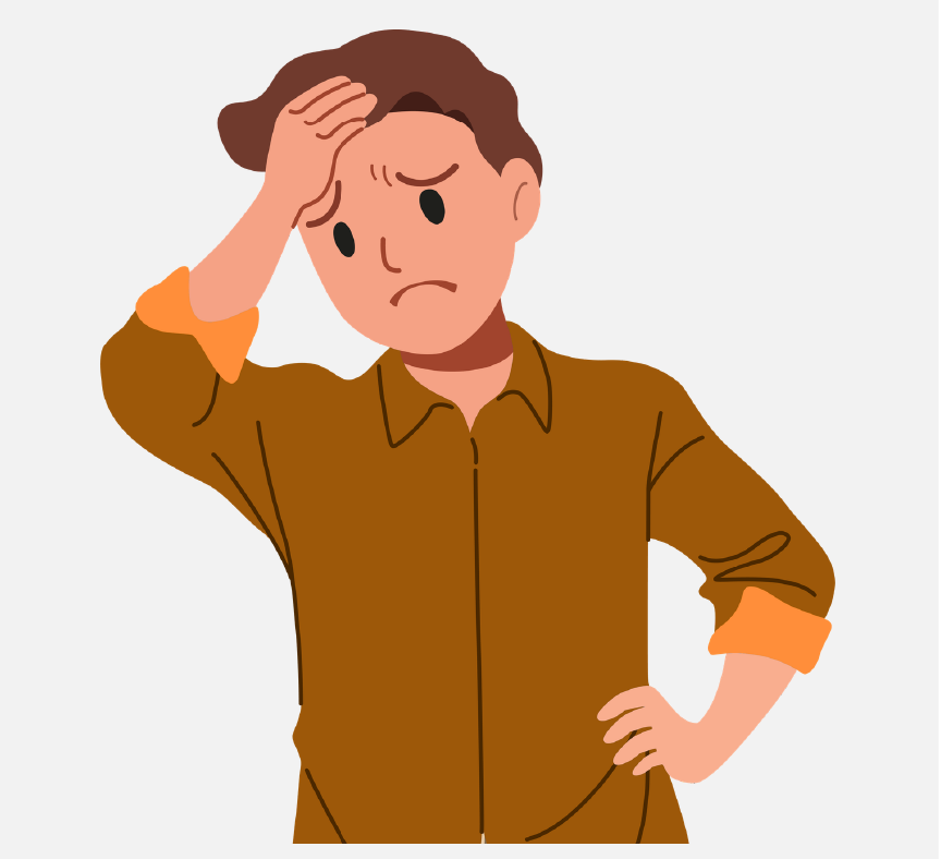 A boy who looks sad has his hand on his head.
