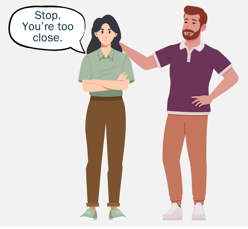 A man puts his arm around a woman with her arms crossed. She says, 