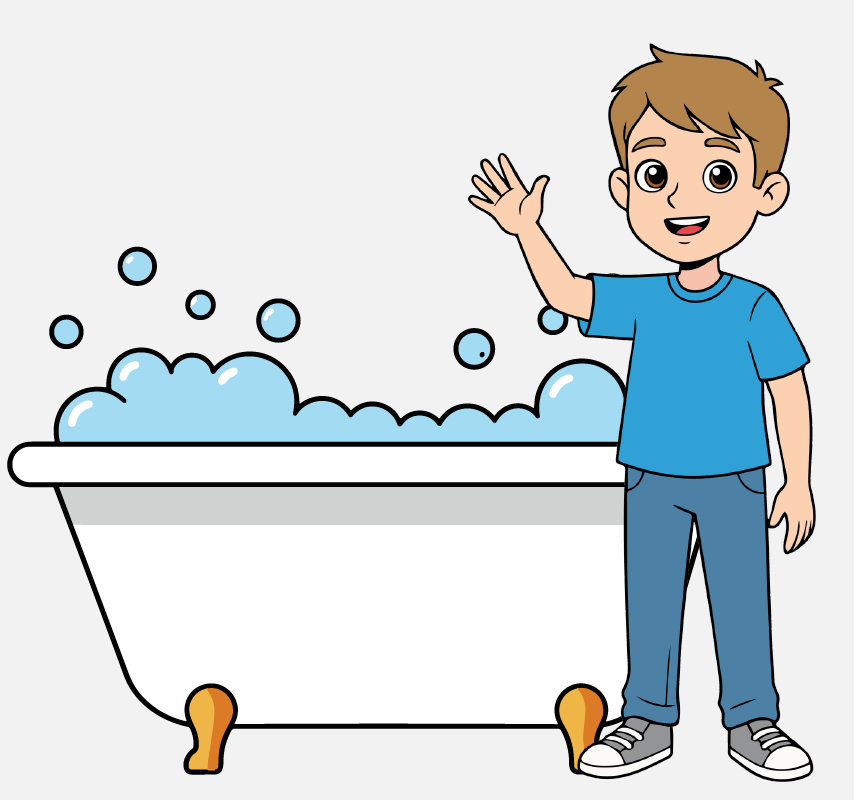 A clothed boy standing outside of a tub full of bubbles.