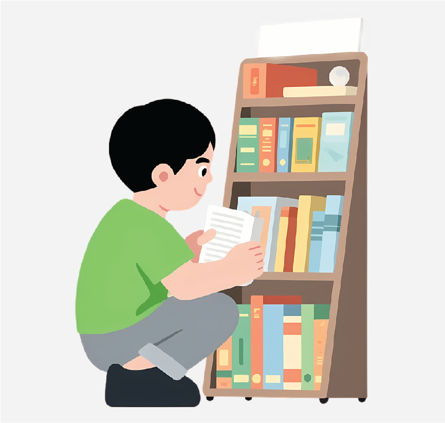 A boy crouching down and looking at a bookshelf.
