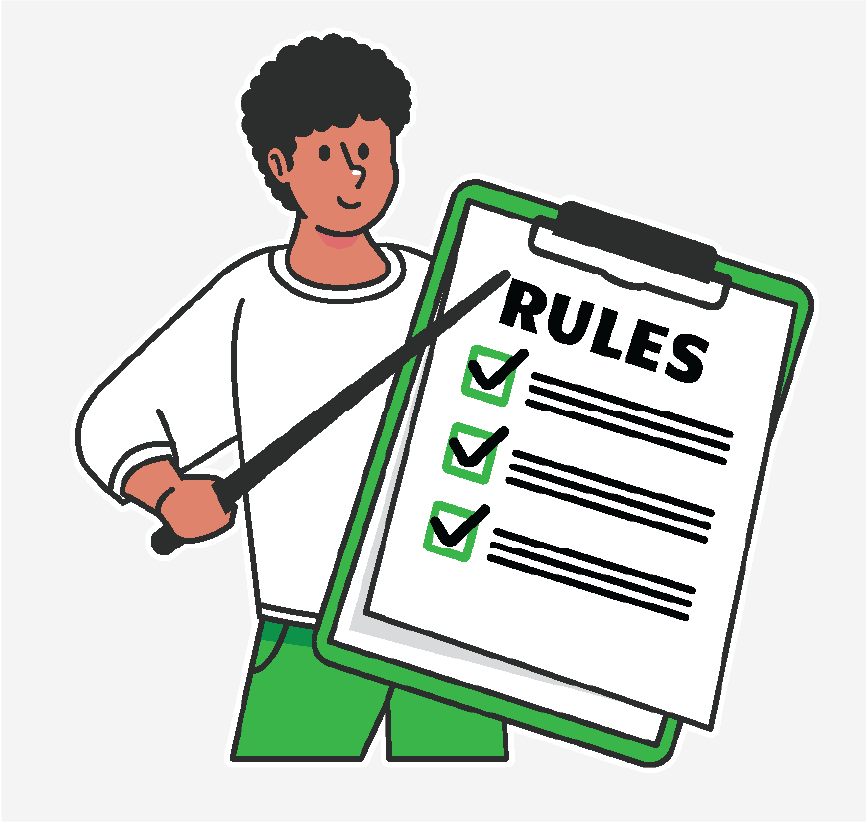 A person holding a pointer and a clipboard with a list of rules on it.