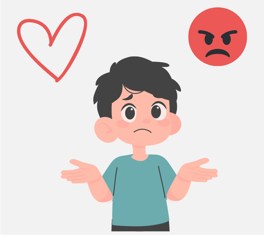 A young, confused boy shrugging his shoulders. There is a heart and an angry face above him.