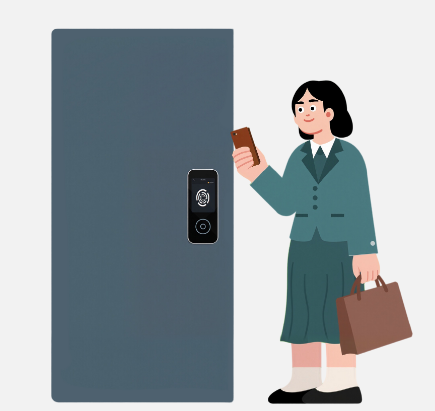 A woman standing by a door and holding her phone and a purse.