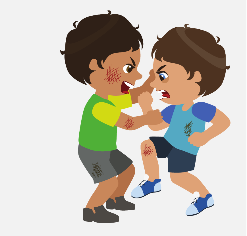 Two boys are hitting and kicking each other. They have scratches and bruises all over themselves.