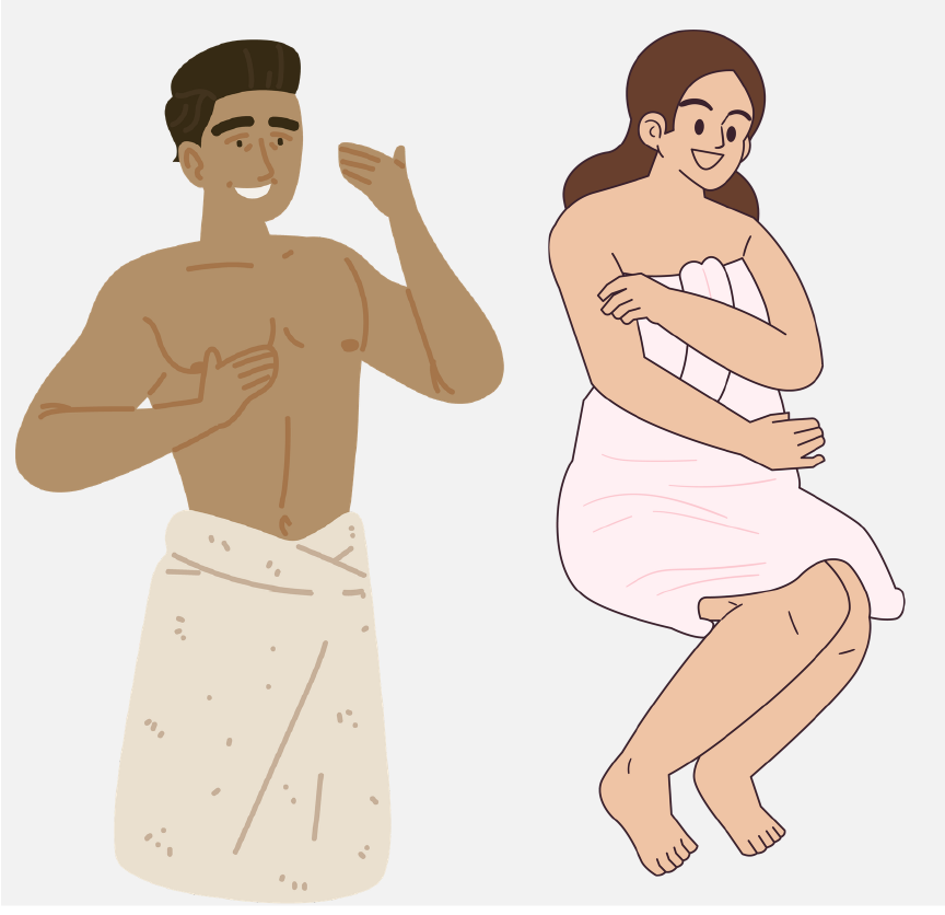 A man and woman wrapped in bath towels.