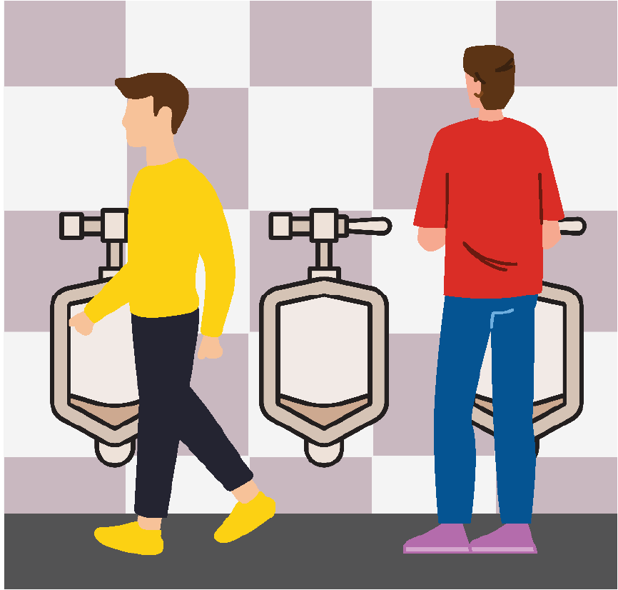 A bathroom with three urinals and two men standing in front of the left and right urinals.