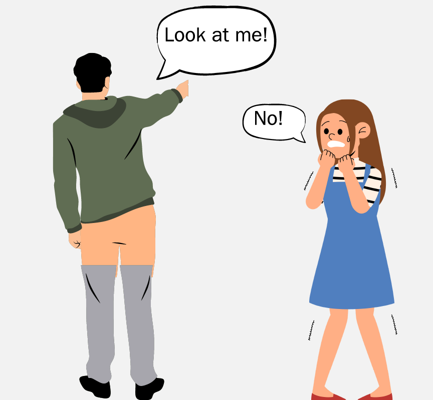 A man with his pants down calls to a young girl, 