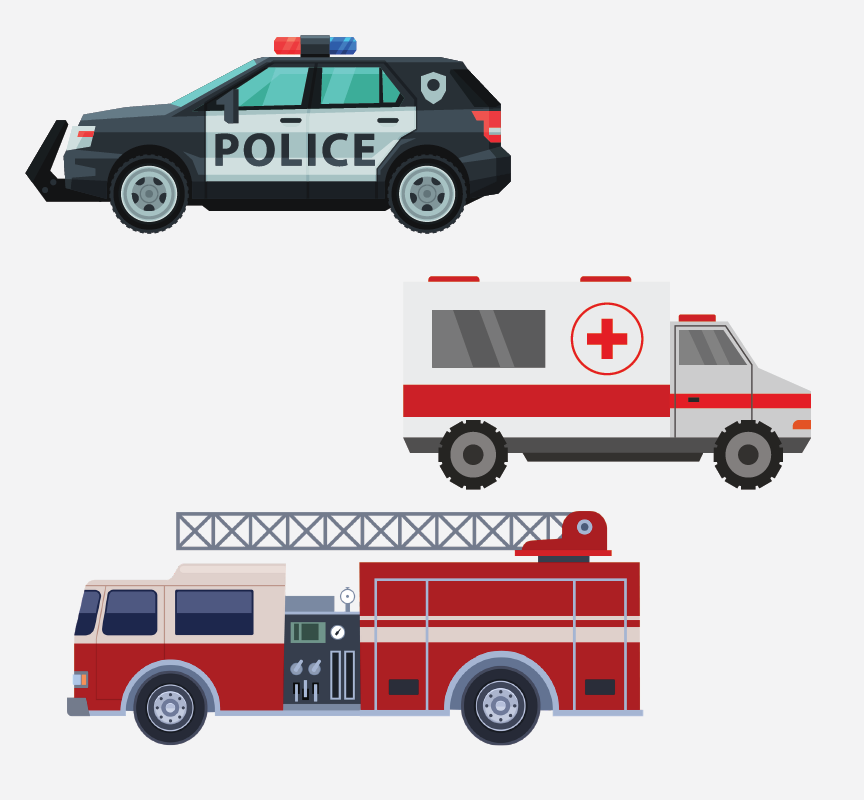 graphics of a police car, ambulance, and fire truck