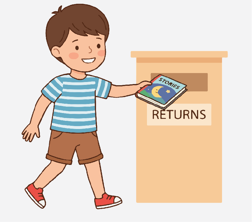 A book placing a book inside a bin that is labeled 