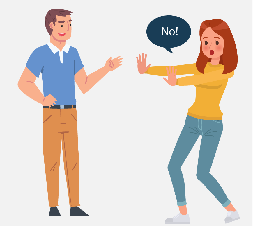 Graphic of a man approaching a woman. The woman is scared and has her hands out, she is saying 