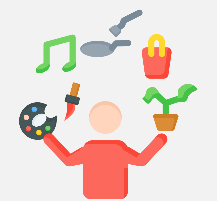 A figure with his arms out there is a paint palette, music symbol, frying pan, bag, and plant above the figure.