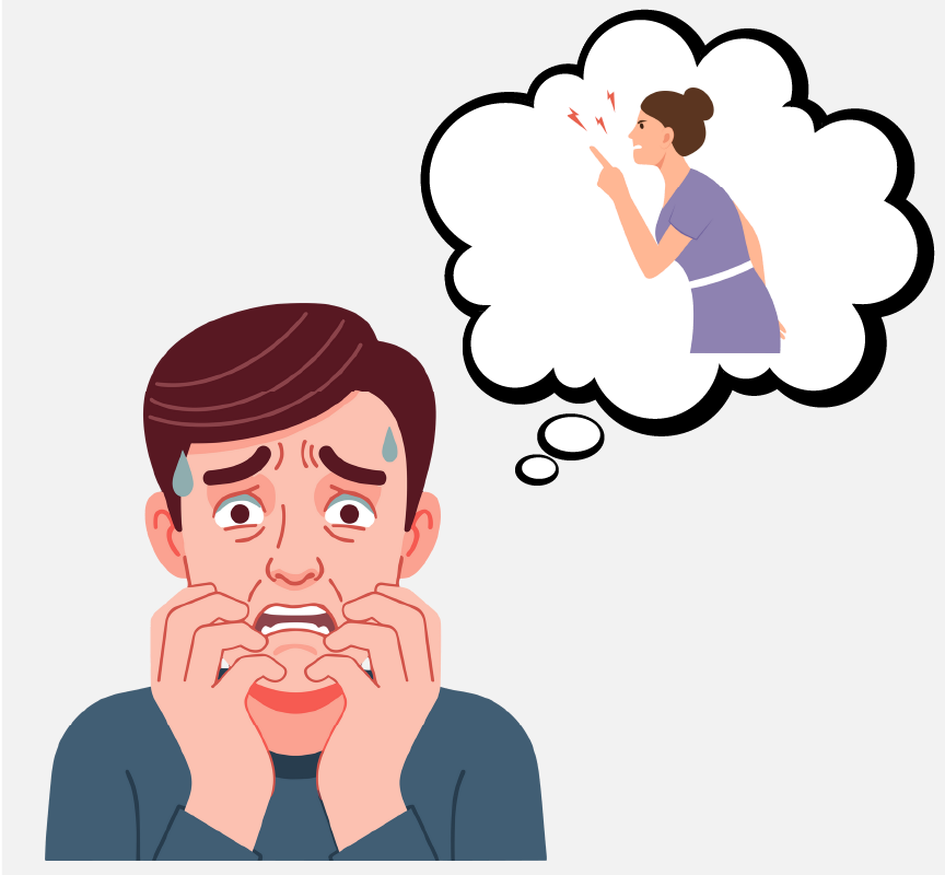 A scared man with his hands on his face. There is a thinking bubble above him with an image of a woman yelling inside it.