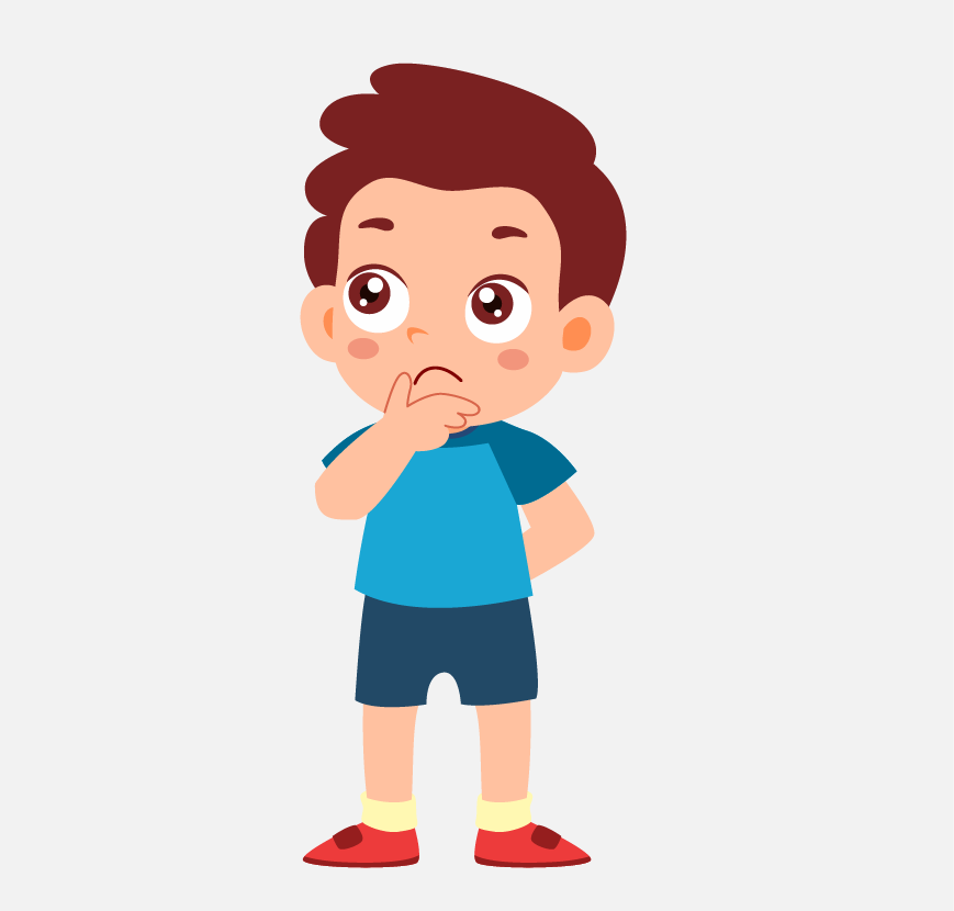 A sad, young boy is thinking. His hand is on his chin.