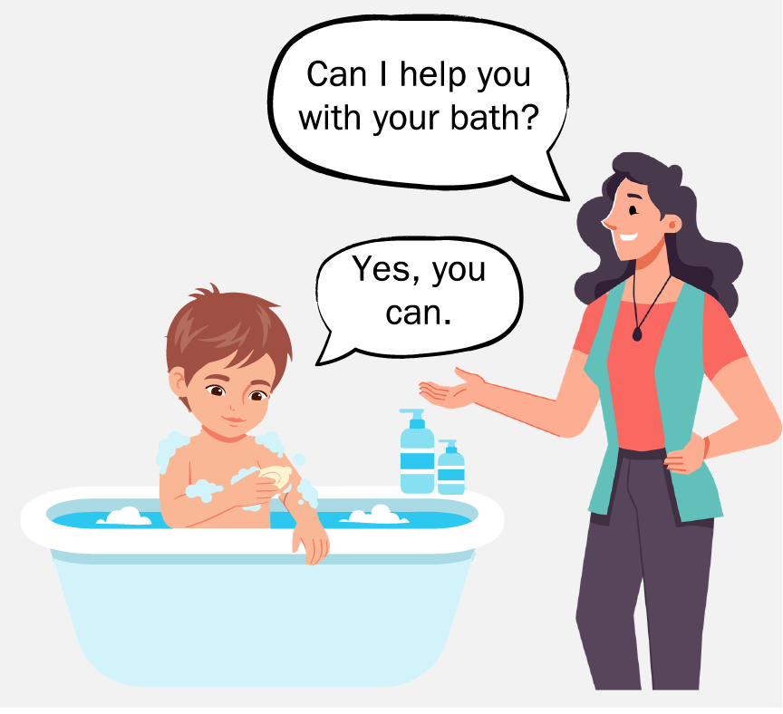 A woman asking a boy in a bathtub, 