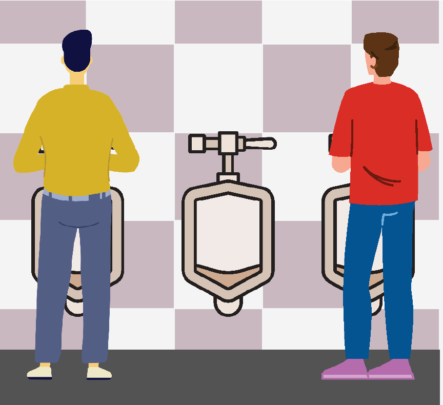 A bathroom with three urinals and two men standing in front of the left and right urinals.