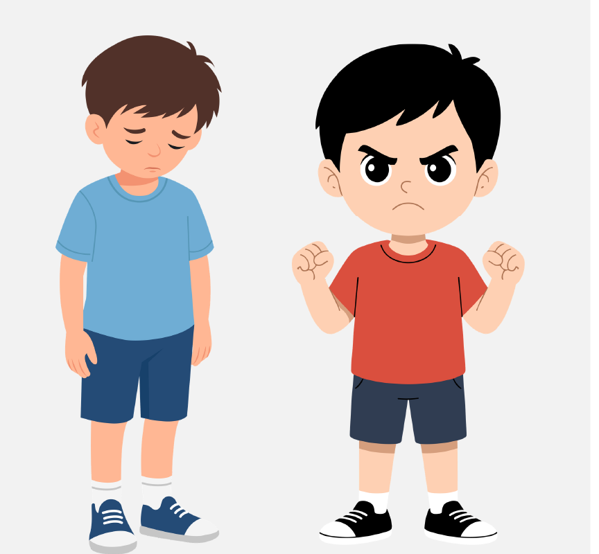 The boy on the left is sad. The boy on the right is mad.