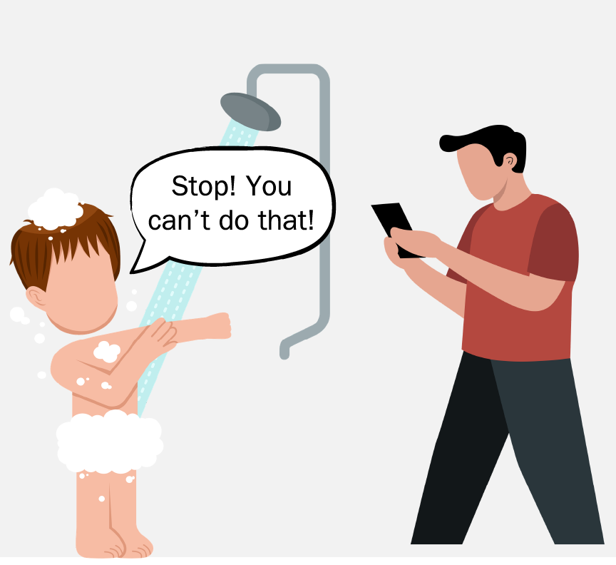 A young boy is in the shower, and older man is taking his picture. The boy yells, 