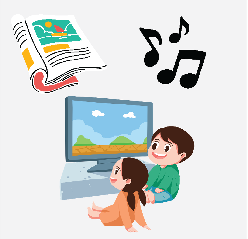 A magazine, music notes, and two kids watching something on a TV.
