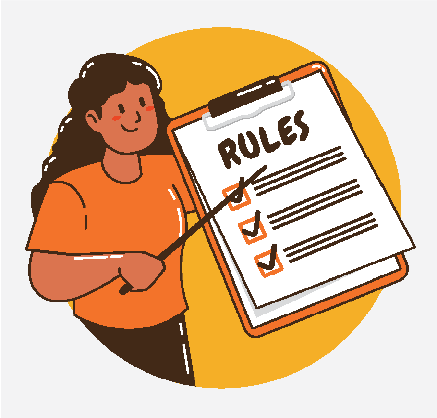 A woman holding a list of rules and pointing to them with a stick.