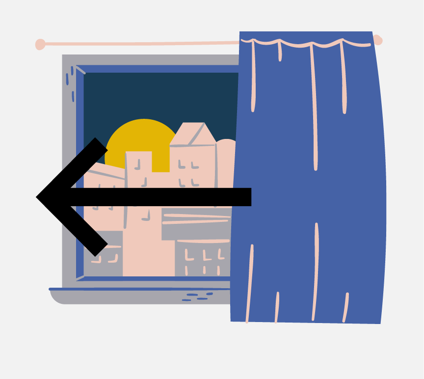 A window with the sun and buildings in the background. There is an arrow pointing from a curtain to the left to represent closing the curtains.