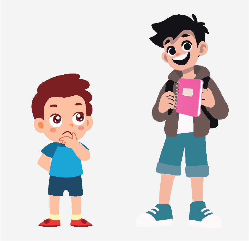 5. Two boys standing together. One of the boys is sad, while the other looks happy, holding a book.