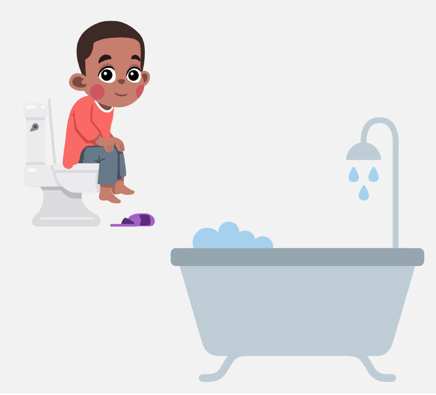 A boy sitting on the toilet and a bathtub with the water running.