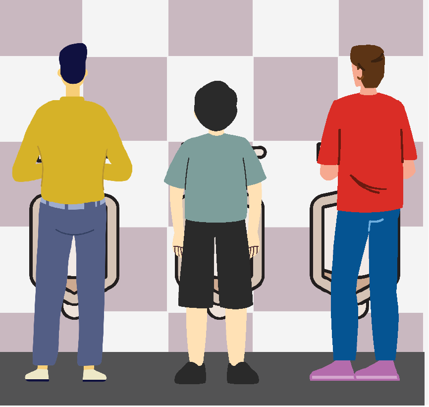 Three men standing in front of three different urinals in a bathroom.